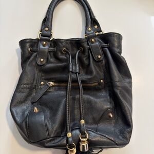 Topshop Black Leather Drawstring Shoulder Bag with Gold Hardware